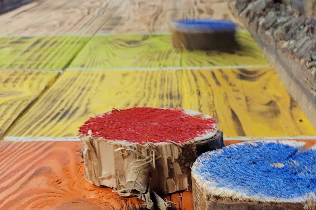 Bunte Holzscheiben gleiten über eine farbig markierte Holzbahn bei einem Outdoor-Holzspektakel-Teamevent im Schwarzwald