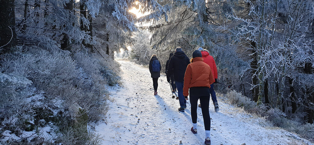 Team bei der Weihnachtlichen Erlebniswanderung im verschneiten Wald