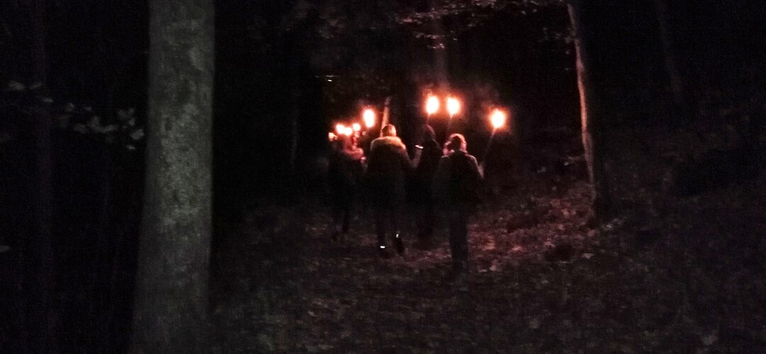 Gruppe mit brennenden Fackeln bei einer nächtlichen Fackelwanderung im Wald