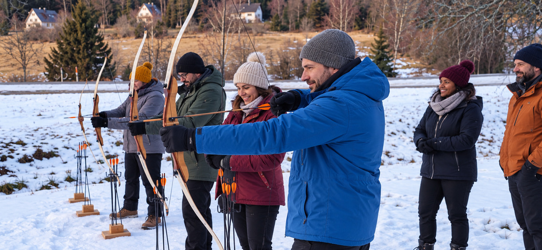 Team beim Bogenschießen während eines Winter-Challenge Teamevents im Schnee