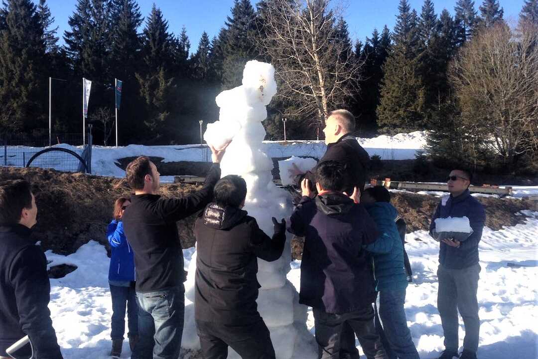 Team baut gemeinsam eine Schneeskulptur beim Winter-Challenge Teamevent